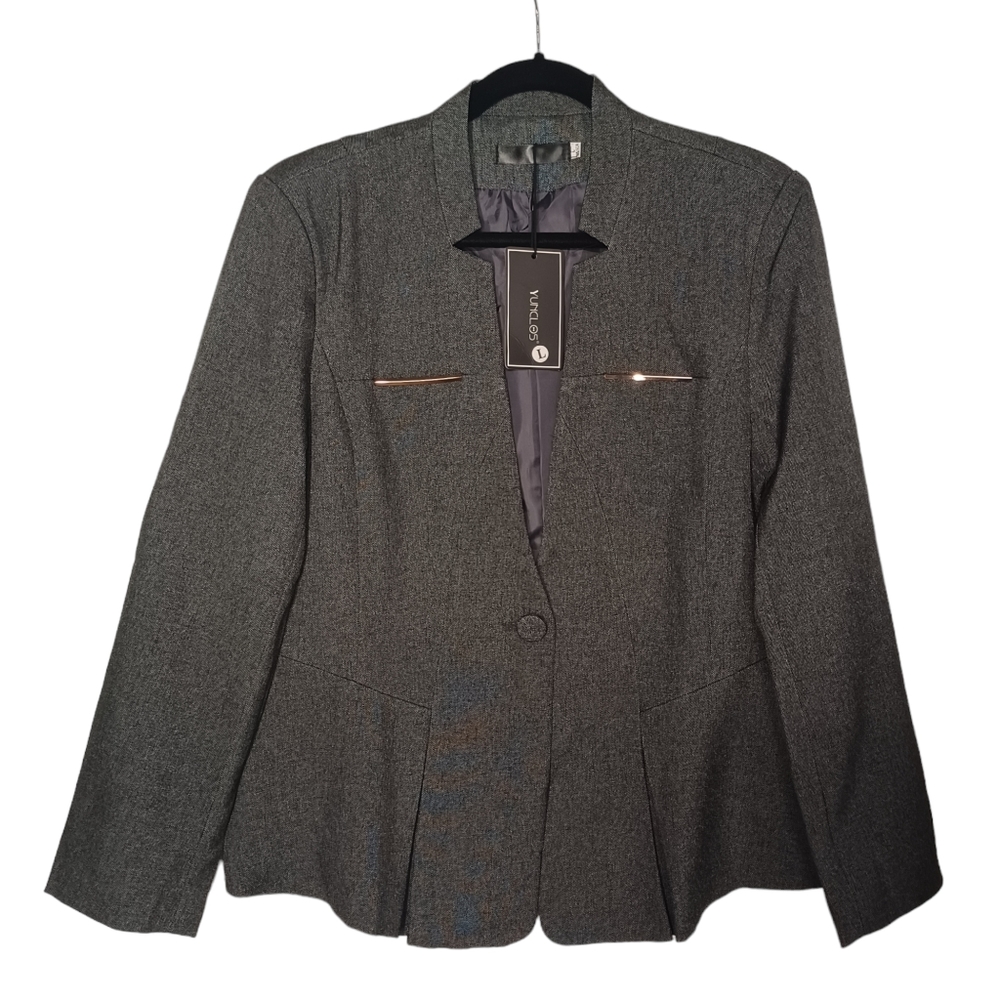 YUNCLOS Gray Button Front Long Sleeve Career Blazer Jacket Large NWT